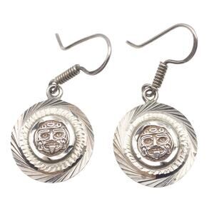 Vintage Mexican 925 Sterling Silver Aztec Mask Dangle Earrings Round